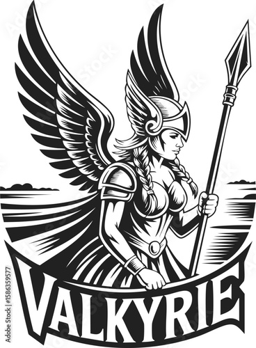 Valkyrie, winged warrior with spear and armor, mythical Norse figure representing bravery and valor