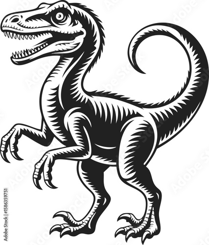Velociraptor, prehistoric predator, dinosaur illustration, fierce creature with sharp claws, powerful stance, engaging design for t-shirts, tattoos, and logos