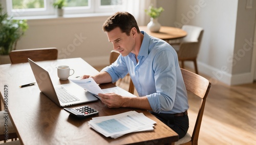 Man Working From Home at a Desk With Laptop and Paperwork in a Well-Lit Living Area