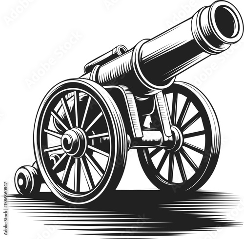 Vintage engraved cannon illustration, classic artillery design, historic military weapon, decorative emblem for unique projects