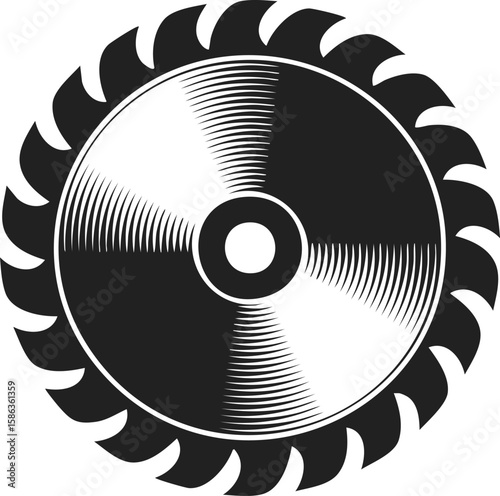 Vintage engraved circular saw blade illustration, woodcutter tool, precision cutting, engraved art