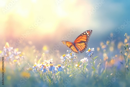 Fototapeta Naklejka Na Ścianę i Meble -  A vibrant Monarch butterfly rests on delicate white wildflowers in a sun-drenched meadow, bathed in soft, ethereal morning light.