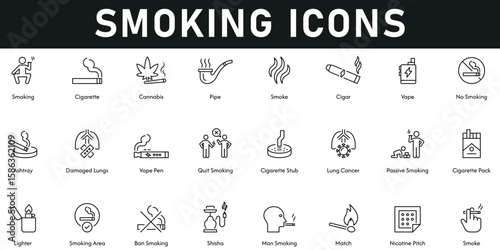 Smoking Icons vector illustration with thin line editable stroke containing cigarette, match, shisha, lighter, vape, cigar, smoke, pipe, cannabis, ashtray, nicotine patch, lung cancer, ban smoking.