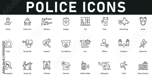 Police Icons vector illustration with thin line editable stroke contains police station, thief, helicopter, walkie talkie, warrant, investigate, detective, freedom, law, surveillance, siren, handcuffs
