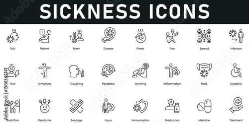 Sickness Icons vector illustration with thin line editable stroke containing patient, treatment, medicine, injury, headache, disability, inflammation, pandemic, symptoms, hurt, infection, illness.