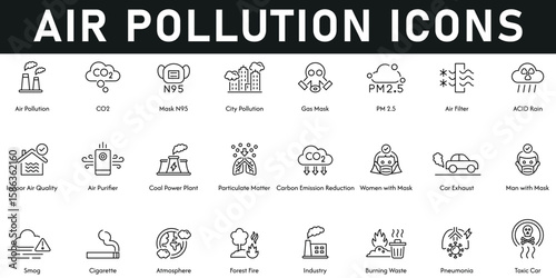 Air Pollution Icons vector illustration with thin line editable stroke containing CO2, industry, atmosphere, smog, coal power plant, indoor air quality, air filter, gas mask, city pollution, forest