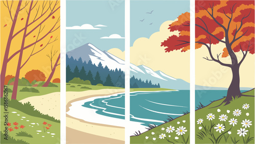 Four seasons landscapes showing autumn trees, snow mountains, and beach with flowers and water views