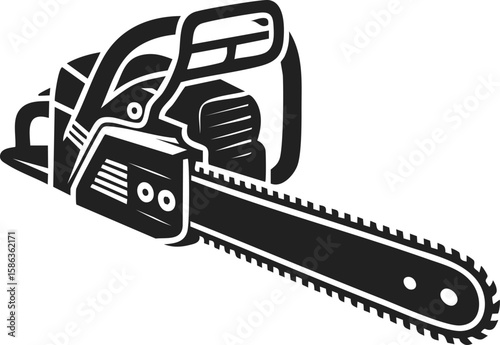 Vintage engraved illustration of a chainsaw, woodcutter tool, electric saw, rugged equipment for logging and carpentry
