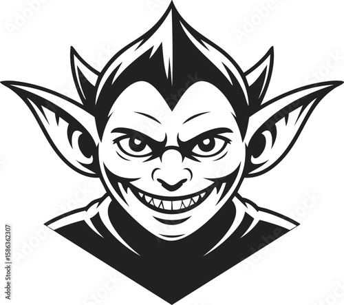 Vintage engraved illustration of a goblin head with pointed ears, expressive smirk, and sharp features in a unique pose for artistic displays