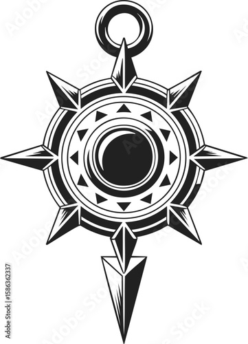 Vintage engraved illustration of a mystical amulet with intricate patterns and geometric shapes
