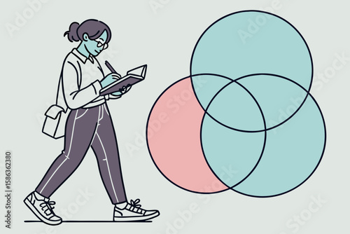Woman taking notes next to overlapping circles representing venn diagrams and logical relationships
