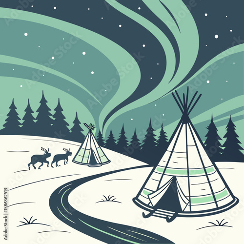 Illustration of an arctic landscape with tents, reindeer, trees, and the northern lights visible
