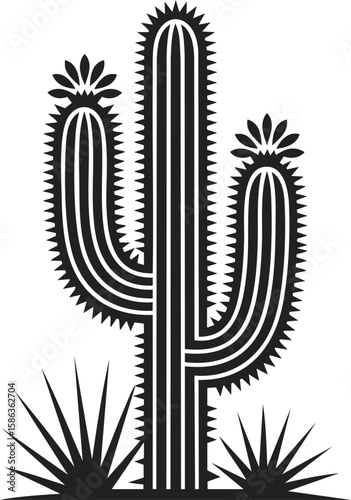 Vintage engraved illustration of a towering desert cactus with spiky arms and flourishing blooms