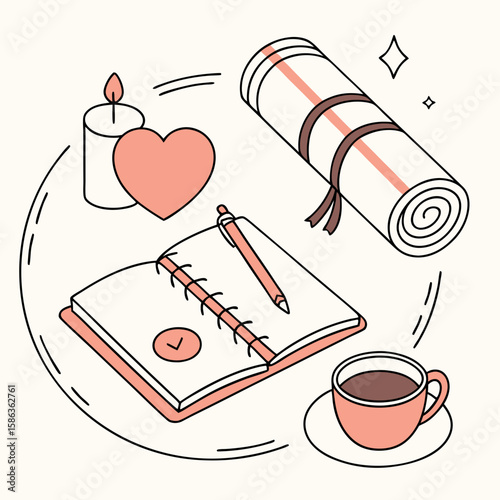 Still life illustration featuring a notebook, candle, scroll, and a cup of coffee on a white background