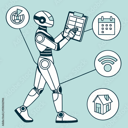 Illustration of a robot holding a clipboard with icons representing data calendar wifi and home automation