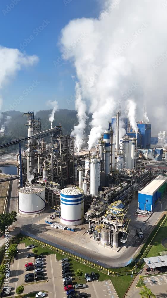 Imagem aérea mostra indústria de papel e celulose com caldeiras e chaminés expelindo gases. A composição destaca elementos industriais e ambientais em contraste