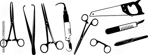 surgical instruments, including forceps, scalpels, scissors, and a saw, in a flat, minimalist style, monochromatic, white background