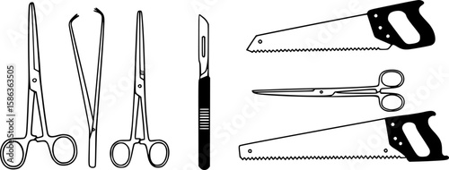 surgical instruments, including forceps, scalpels, scissors, and a saw, in a flat, minimalist style, monochromatic, white background