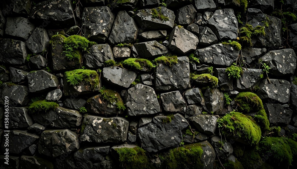Dark, textured stone wall covered in patches of vibrant green moss. Close-up view of irregular, interlocking stones Dark, textured stone wall covered in patches of vibrant green moss. Close-up view of irregular, interlocking stones
