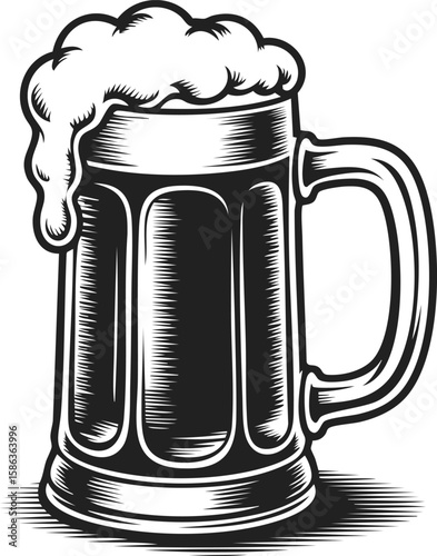 Vintage engraved style beer mug illustration, classic brewery beverage vessel, perfect for t-shirt prints and tattoo designs