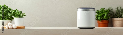 White Smart Device and Herbs Modern Kitchen Still Life, HomeTech , Herbs