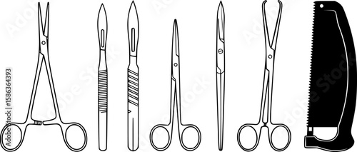 surgical instruments, including forceps, scalpels, scissors, and a saw, in a flat, minimalist style, monochromatic, white background