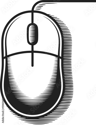 Vintage engraved vector illustration of a computer mouse, input device, digital tool for navigation