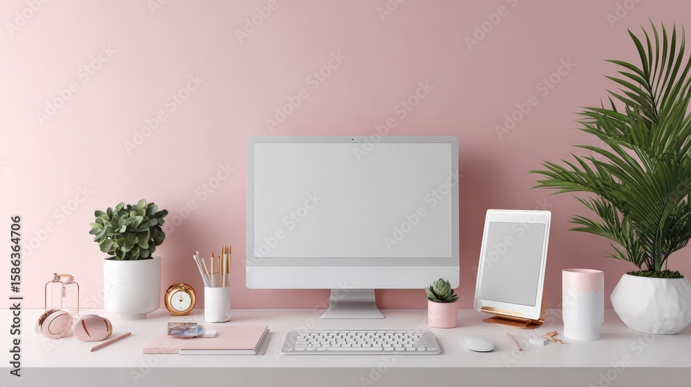 Fototapeta premium Modern Feminine Workspace with Computer and Tablet on Pink Desk