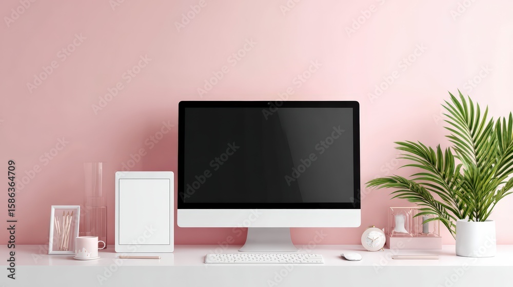Minimal Workspace With Computer And Green Plant On Pink Wall Minimal Workspace With Computer And Green Plant On Pink Wall