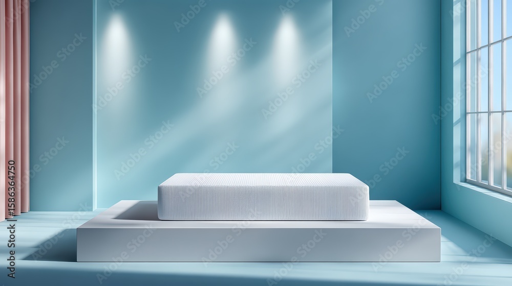 Fototapeta premium Empty Blue Exhibition Room with Lit Platform