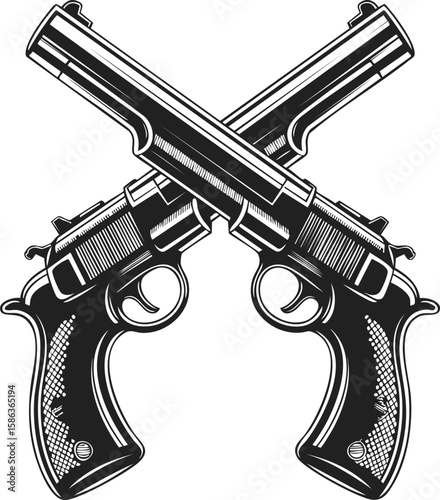 Vintage engraving of crossed pistols, classic firearms, revolvers, iconic gun illustration, decorative emblem design