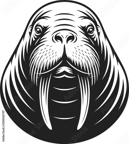 Walrus head, marine mammal, tusked animal, sea creature, marine wildlife, vintage engraving, walrus illustration, animal art