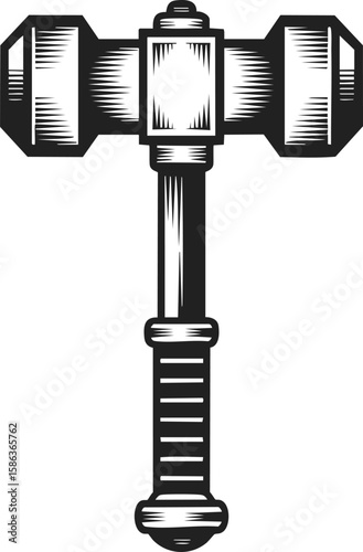 War hammer, heavy duty tool, battle weapon, engraving style, vintage design, craftsmanship, robust design, iconic emblem for warriors