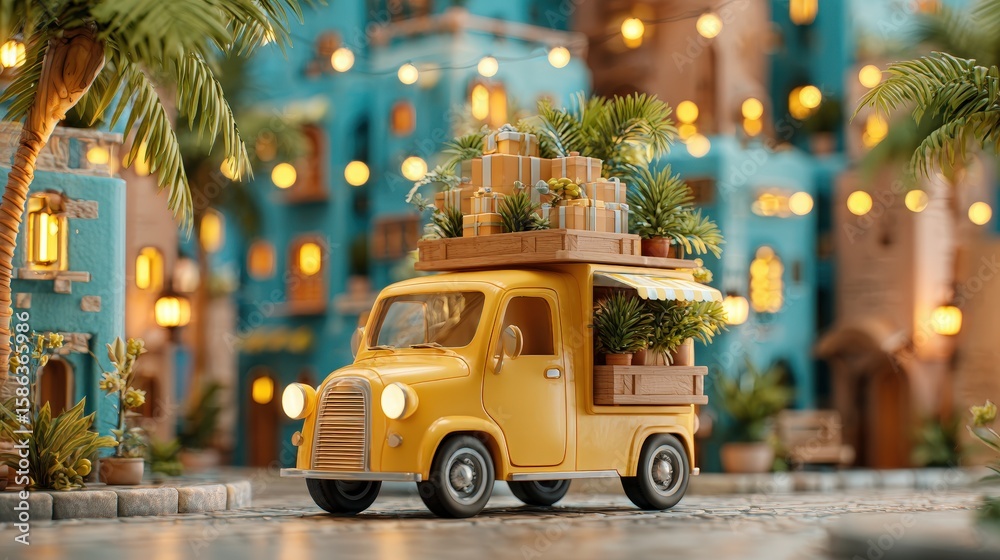 Obraz premium A miniature yellow delivery truck loaded with plants and gifts drives through a warmly lit, colorful street at dusk.