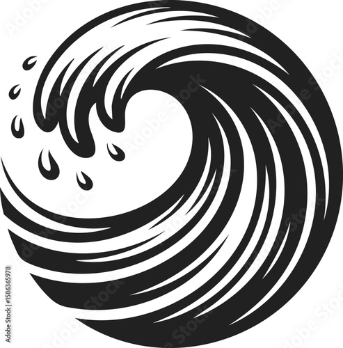 Wave, ocean surge, flowing water, aquatic motion, nautical artwork, water element, dynamic splash, nature illustration, engraved design, vintage style