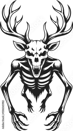 Wendigo, mythical creature with antlers, skeletal body, horror-themed design, folklore monster, spirit of the forest