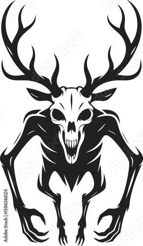Wendigo, mythical creature, folklore monster, forest spirit with skeletal features, antlers, and eerie grin