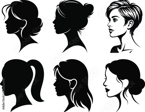 Set of six female profile silhouette vector illustrations with different hairstyles and elegant woman head designs