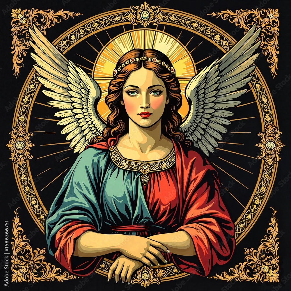 Obraz premium Angel illustration in Renaissance still-life style with intense colors for t-shirt design