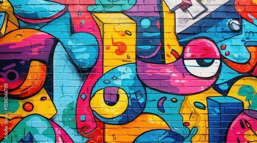 A chaotic and energetic abstract graffiti mural on a brick wall. The artwork is a whirlwind of swirling forms, cartoonish elements, and bold lines in a vivid palette of blue, yellow, and pink