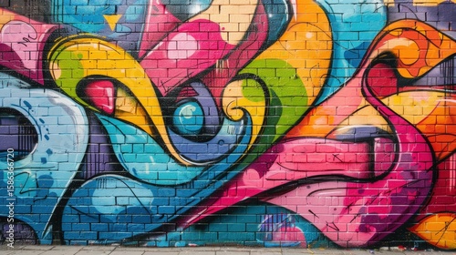 A chaotic and energetic abstract graffiti mural on a brick wall. The artwork is a whirlwind of swirling forms, cartoonish elements, and bold lines in a vivid palette of blue, yellow, and pink