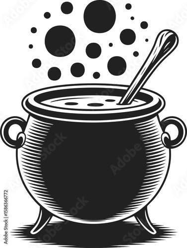 Witch cauldron, bubbling pot, magical brew, herbal concoction, enchanted vessel, witchcraft tool, folklore symbol, potion maker's equipment
