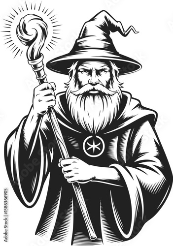 Wizard Hat, mystical sorcerer holding staff, magical figure, ancient spellcaster, enchanting character in vintage engraved style
