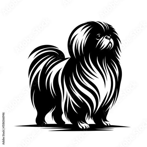 Vector illustration of pekingese dog in black strokes and lines. Family pet, love and care for animals, adoption fair. Types of breeds, decoration for grooming salon or vet clinic	