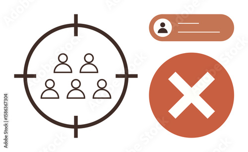 Group of people in a crosshair, user profile identification, and crossed-out red mark. Ideal for targeting, exclusion, decision-making, audience segmentation, recruitment, rejection demographics