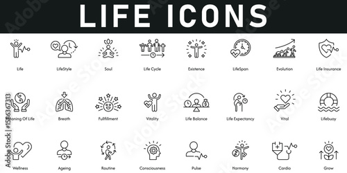Life Icons vector illustration with thin line editable stroke contains grow, cardio, harmony, routine, wellness, life balance, fulfilment, existence, soul, breathe, lifespan, lifestyle, ageing, vital	