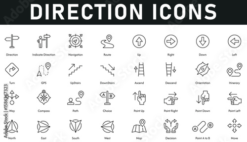 Direction Icons vector illustration with thin line editable stroke containing move, decision, map, east west, point, choice, path, compass, way, orientation, ascend, downstairs, GPS, turn, route.	