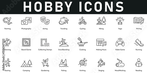Hobby Icons vector illustration with thin line editable stroke containing reading, singing, fishing, camping, running, cooking, travelling, acting, paining, photography, yoga, writing, video games.