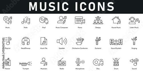 Music Icons vector illustration with thin line editable stroke contains sound, microphone, radio, singing, speaker, headphones, playlist, piano, note, guitarist, listen music, drum, trumpet, musician.