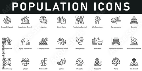 Population Icons vector illustration with thin line editable stroke containing inhabitant, world, residents, diversity, census, nationality, community, population growth and decline, global population